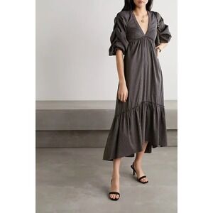 NWT‎ LA Ligne Gitane Dress XS Black Brown Gold Striped V Neck Midi Ruched Sleeve
